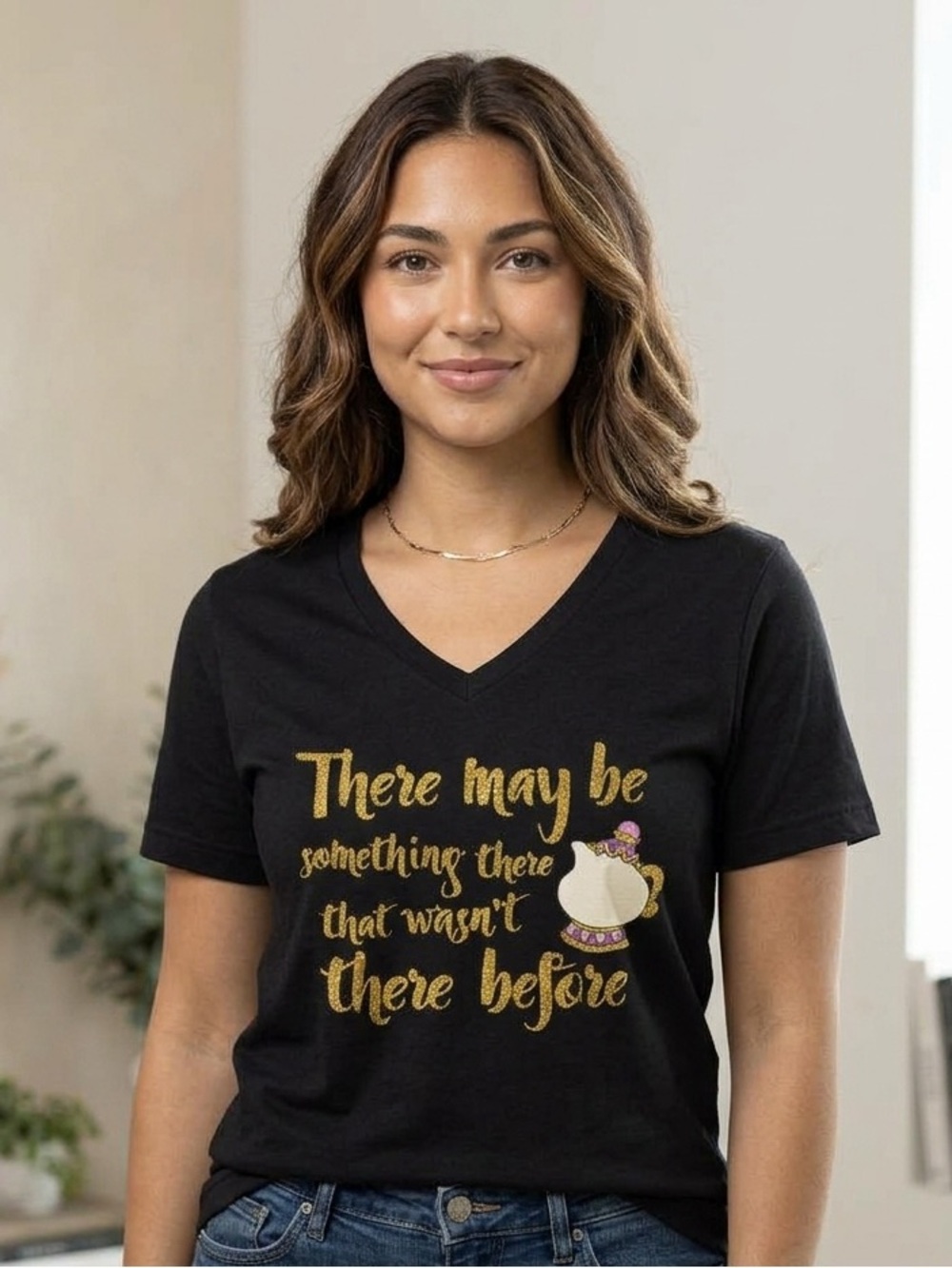 Beauty & The Beast Disney Black V-Neck Graphic Tee with Gold Script